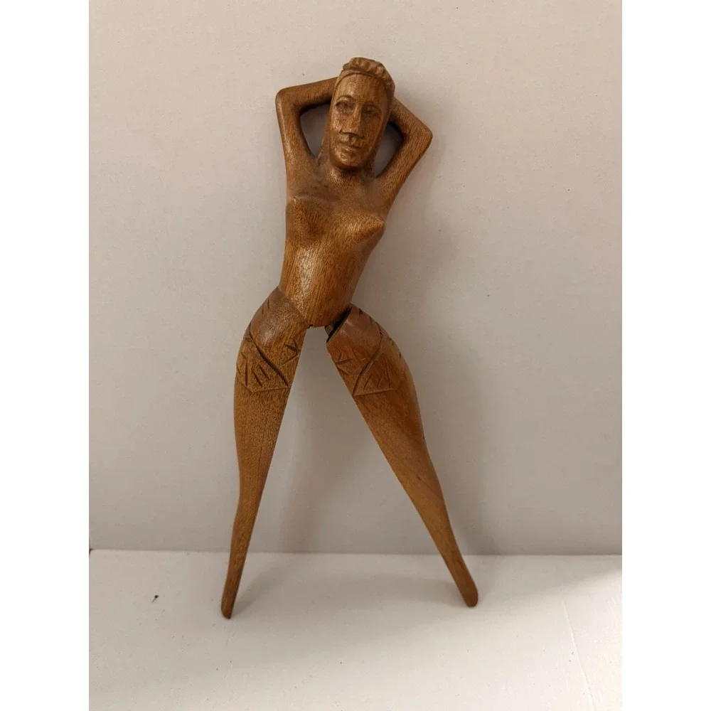 Vintage Hand-Carved Wooden Figural Nutcracker - Novelty Woman Sculpture